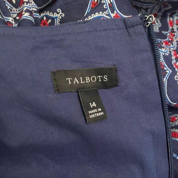 Talbots PUFF SLEEVE FIT & FLARE DRESS Red White Blue Paisley Size 14 Cotton - Picture 11 of 14